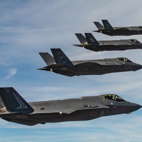 Two U.S. Air Force and two Royal Australian Air Force F-35A Lightning II’s assigned to the 61st Fighter Squadron, Luke Air Force Base, Arizona, fly in formation over Luke AFB during a commemoration flight Oct. 8, 2020. The event celebrated the partnership between the RAAF and U.S. Air Force in their joint efforts in training the world’s most capable fighter pilots at Luke AFB. The flight marked the final sortie between the two nations before Luke AFB’s Australian partners depart. (U.S. Air Force photo by Staff Sgt. Alexander Cook)